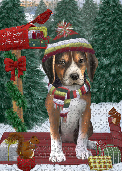 Christmas Woodland Sled American English Foxhound Dog Portrait Jigsaw Puzzle for Adults Animal Interlocking Puzzle Game Unique Gift for Dog Lover's with Metal Tin Box PZL837