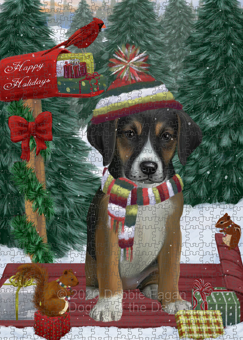 Christmas Woodland Sled American English Foxhound Dog Portrait Jigsaw Puzzle for Adults Animal Interlocking Puzzle Game Unique Gift for Dog Lover's with Metal Tin Box PZL838