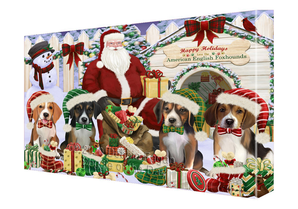 Christmas Dog house Gathering American English Foxhound Dogs Canvas Wall Art - Premium Quality Ready to Hang Room Decor Wall Art Canvas - Unique Animal Printed Digital Painting for Decoration