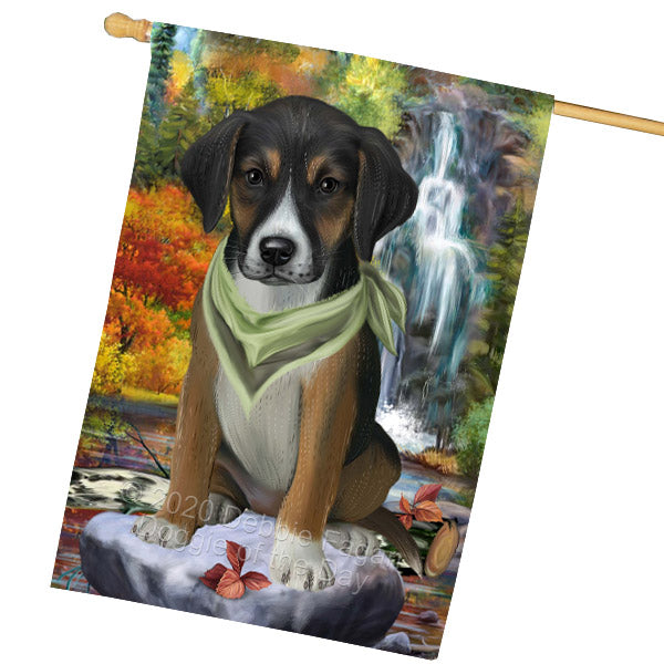 Scenic Waterfall American English Foxhound Dog House Flag Outdoor Decorative Double Sided Pet Portrait Weather Resistant Premium Quality Animal Printed Home Decorative Flags 100% Polyester FLG69251
