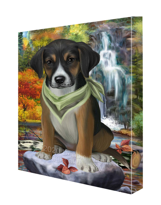 Scenic Waterfall American English Foxhound Dog Canvas Wall Art - Premium Quality Ready to Hang Room Decor Wall Art Canvas - Unique Animal Printed Digital Painting for Decoration CVS375