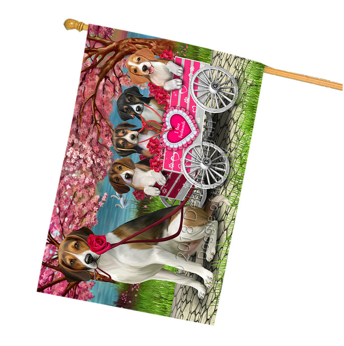 I Love American English Foxhound Dogs in a Cart House Flag FLG65138
