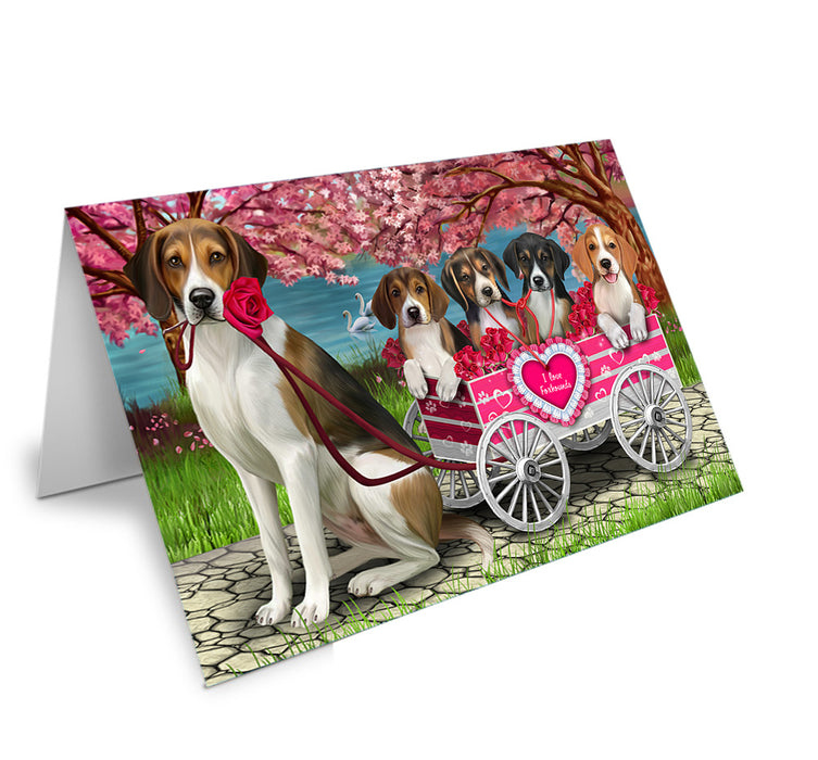 I Love American English Foxhound Dogs in a Cart Handmade Artwork Assorted Pets Greeting Cards and Note Cards with Envelopes for All Occasions and Holiday Seasons GCD76856