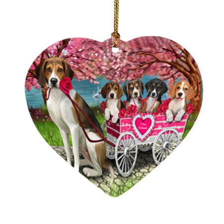 I Love American English Foxhound Dogs in a Cart Heart Christmas Ornament HPOR58004