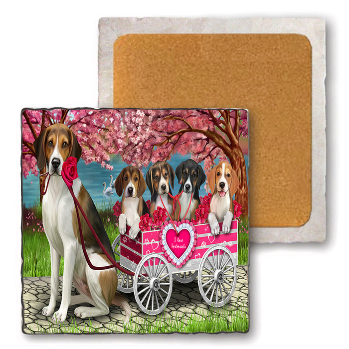 I Love American English Foxhound Dogs in a Cart Set of 4 Natural Stone Marble Tile Coasters MCST52114