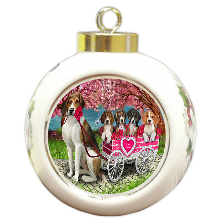 I Love American English Foxhound Dogs in a Cart Round Ball Christmas Ornament RBPOR58241