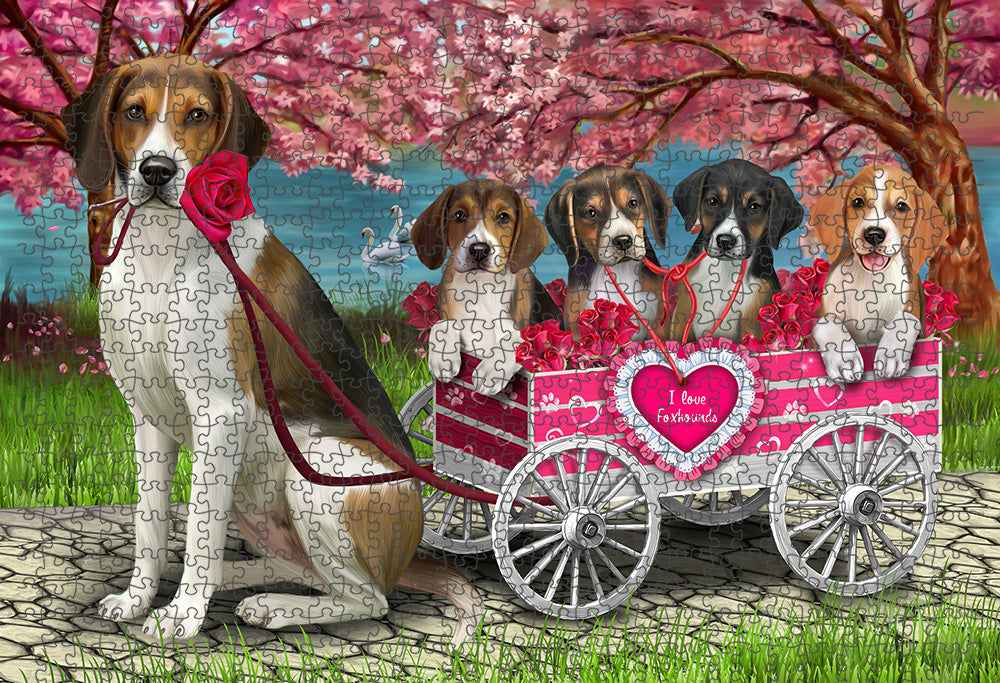 I Love American English Foxhound Dogs in a Cart Portrait Jigsaw Puzzle for Adults Animal Interlocking Puzzle Game Unique Gift for Dog Lover's with Metal Tin Box
