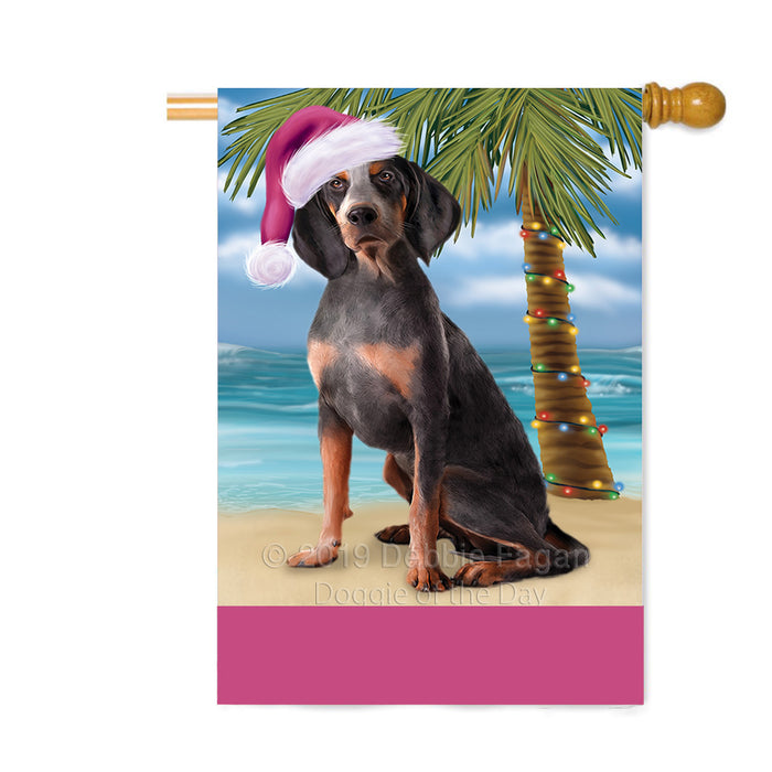 Personalized Summertime Happy Holidays Christmas American English Coonhound Dog on Tropical Island Beach Custom House Flag FLG-DOTD-A60428