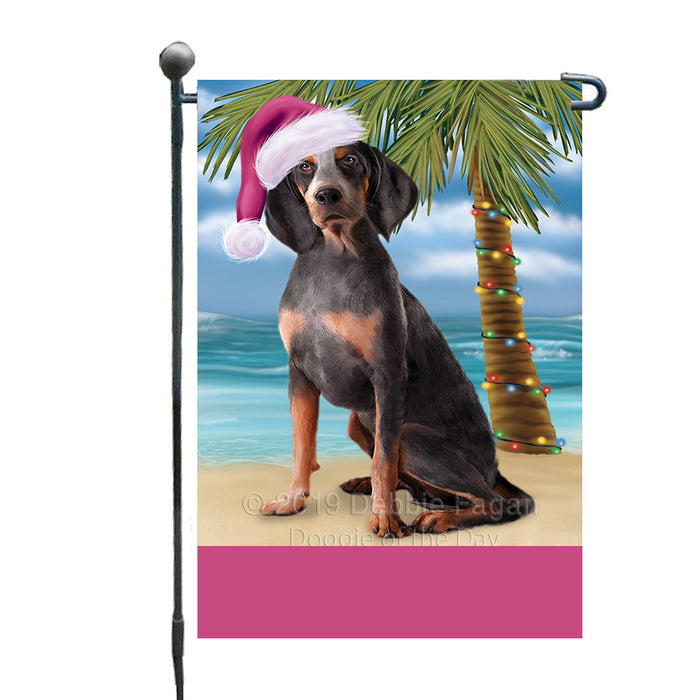 Personalized Summertime Happy Holidays Christmas American English Coonhound Dog on Tropical Island Beach  Custom Garden Flags GFLG-DOTD-A60372