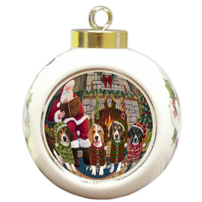 Christmas Cozy Fire Holiday Tails American English Foxhound Dogs Round Ball Christmas Ornament Pet Decorative Hanging Ornaments for Christmas X-mas Tree Decorations - 3" Round Ceramic Ornament
