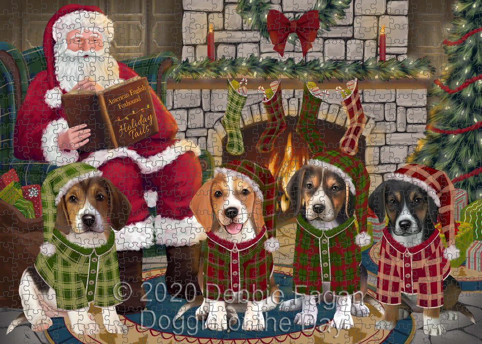 Christmas Cozy Fire Holiday Tails American English Foxhound Dogs Portrait Jigsaw Puzzle for Adults Animal Interlocking Puzzle Game Unique Gift for Dog Lover's with Metal Tin Box