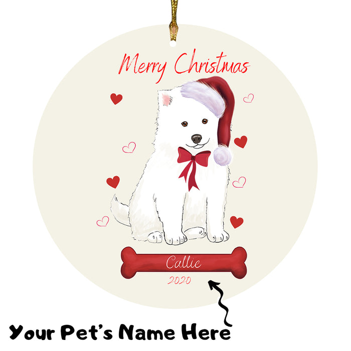 Personalized Merry Christmas  American Eskimo Dog Christmas Tree Round Flat Ornament RBPOR58894