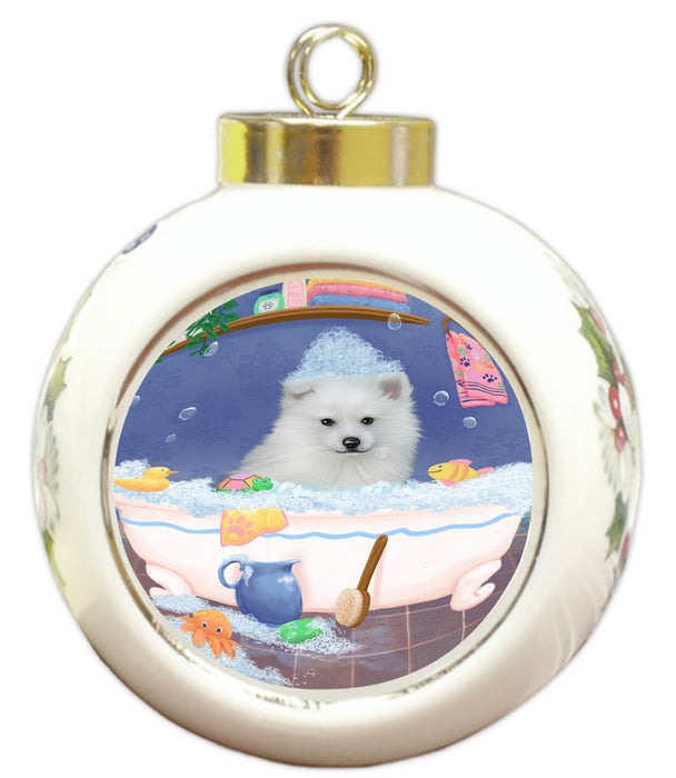 Rub A Dub Dog In A Tub American Eskimo Dog Round Ball Christmas Ornament RBPOR58512