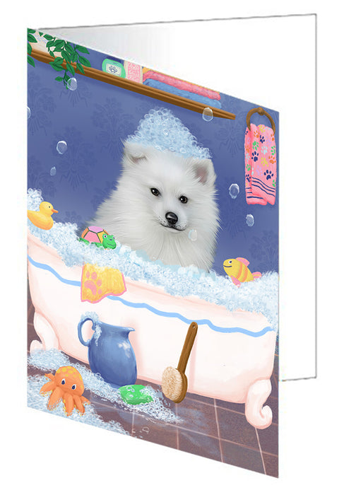 Rub A Dub Dog In A Tub American Eskimo Dog Handmade Artwork Assorted Pets Greeting Cards and Note Cards with Envelopes for All Occasions and Holiday Seasons GCD79178