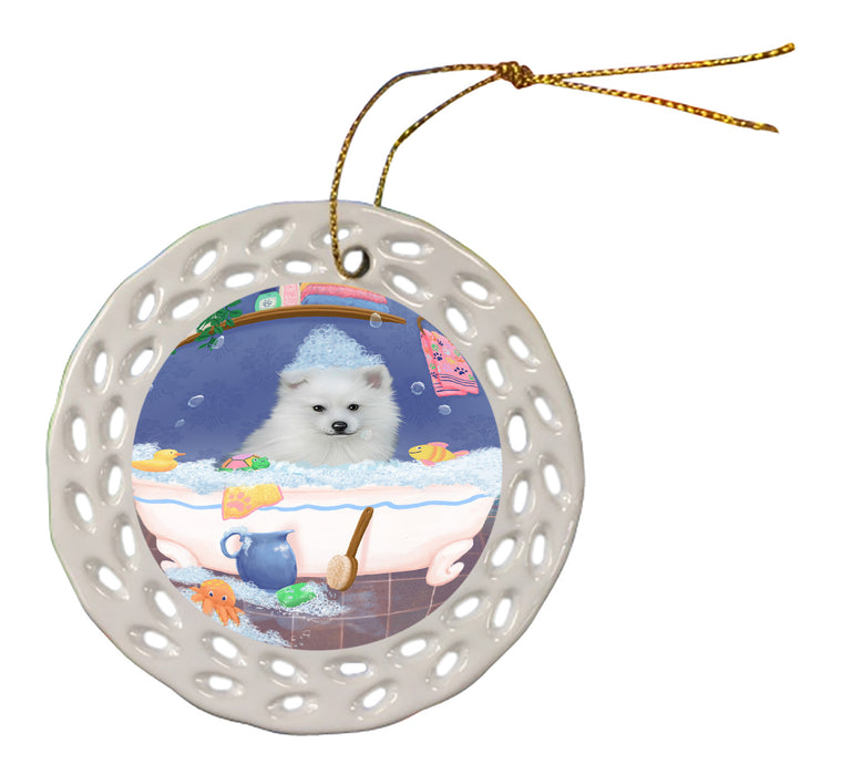 Rub A Dub Dog In A Tub American Eskimo Dog Doily Ornament DPOR58179