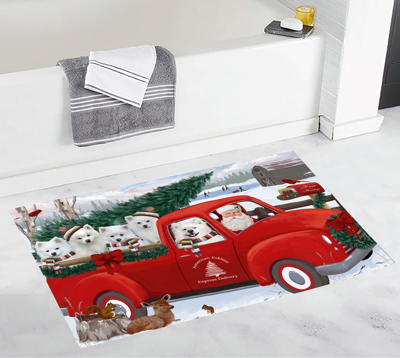 Christmas Santa Express Delivery Red Truck American Eskimo Dogs Bath Mat