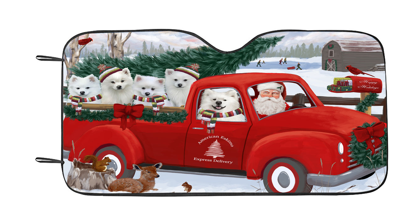 Christmas Santa Express Delivery Red Truck American Eskimo Dogs Car Sun Shade