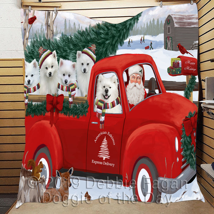 Christmas Santa Express Delivery Red Truck American Eskimo Dogs Quilt