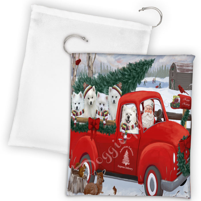 Christmas Santa Express Delivery Red Truck American Eskimo Dogs Drawstring Laundry or Gift Bag LGB48268