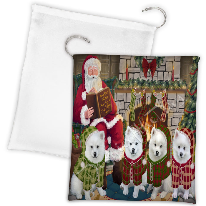Christmas Cozy Holiday Fire Tails American Eskimo Dogs Drawstring Laundry or Gift Bag LGB48462