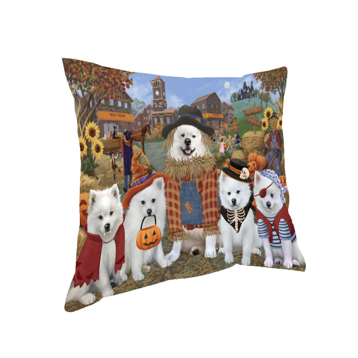Halloween 'Round Town And Fall Pumpkin Scarecrow Both American Eskimo Dogs Pillow PIL82240