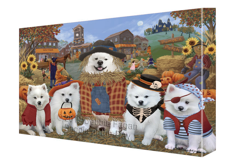 Halloween 'Round Town And Fall Pumpkin Scarecrow Both American Eskimo Dogs Canvas Print Wall Art Décor CVS139229