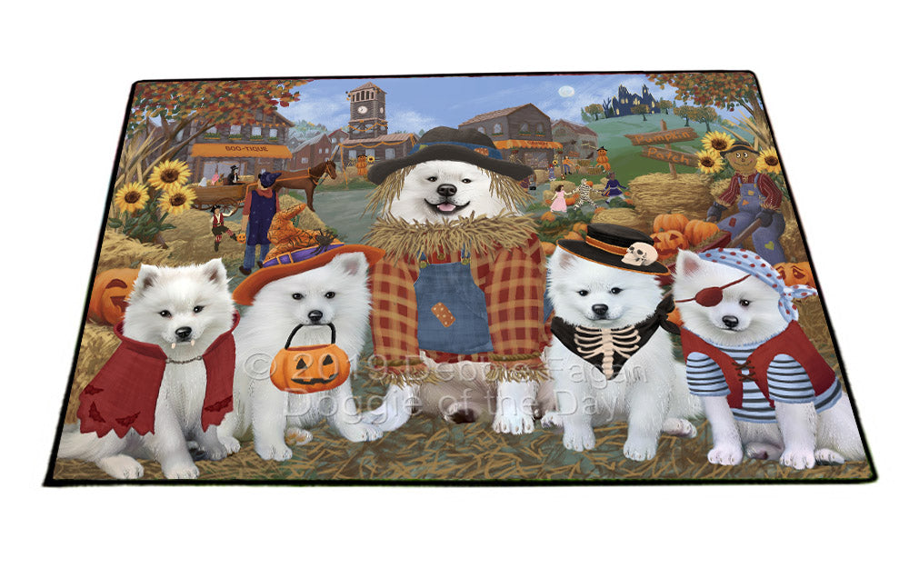 Halloween 'Round Town And Fall Pumpkin Scarecrow Both American Eskimo Dogs Floormat FLMS53825