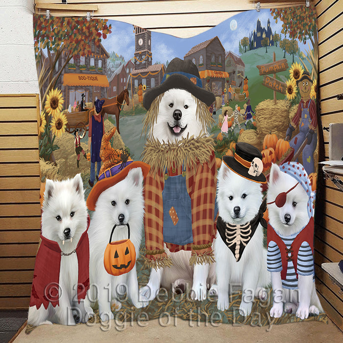 Halloween 'Round Town and Fall Pumpkin Scarecrow Both American Eskimo Dogs Quilt