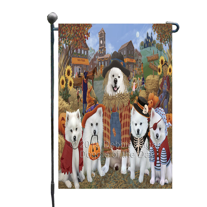 Halloween 'Round Town And Fall Pumpkin Scarecrow Both American Eskimo Dogs Garden Flag GFLG65560