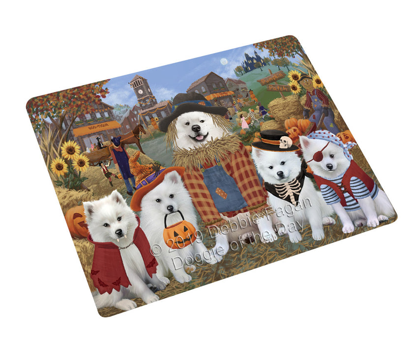 Halloween 'Round Town And Fall Pumpkin Scarecrow Both American Eskimo Dogs Large Refrigerator / Dishwasher Magnet RMAG104190
