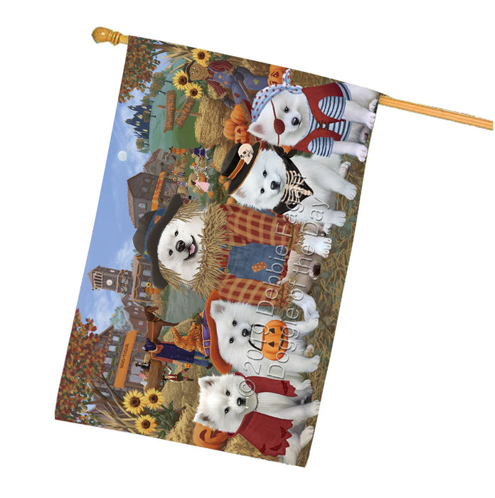 Halloween 'Round Town And Fall Pumpkin Scarecrow Both American Eskimo Dogs House Flag FLG65616