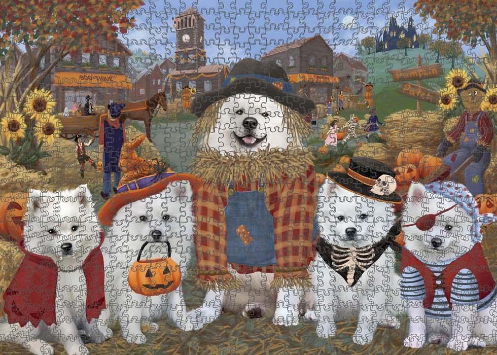 Halloween 'Round Town And Fall Pumpkin Scarecrow Both American Eskimo Dogs Puzzle with Photo Tin PUZL96148
