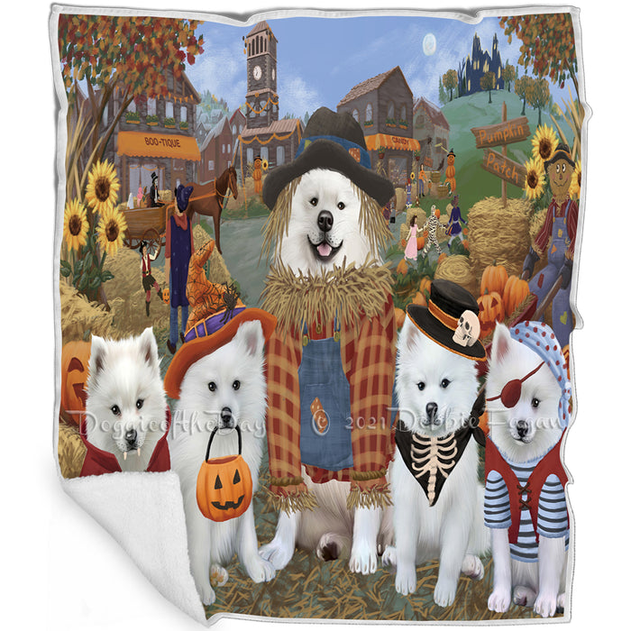 Halloween 'Round Town And Fall Pumpkin Scarecrow Both American Eskimo Dogs Blanket BLNKT138602