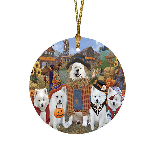 Halloween 'Round Town And Fall Pumpkin Scarecrow Both American Eskimo Dogs Round Flat Christmas Ornament RFPOR57364