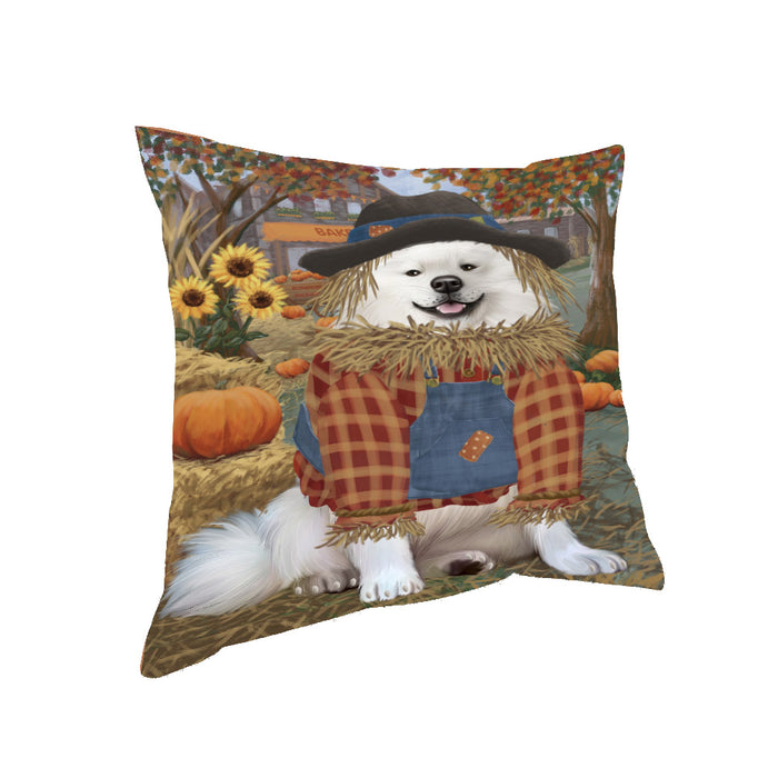 Halloween 'Round Town And Fall Pumpkin Scarecrow Both American Eskimo Dogs Pillow PIL82484