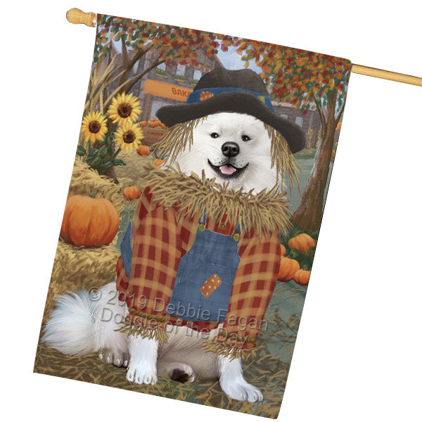 Halloween 'Round Town And Fall Pumpkin Scarecrow Both American Eskimo Dogs House Flag FLG65677