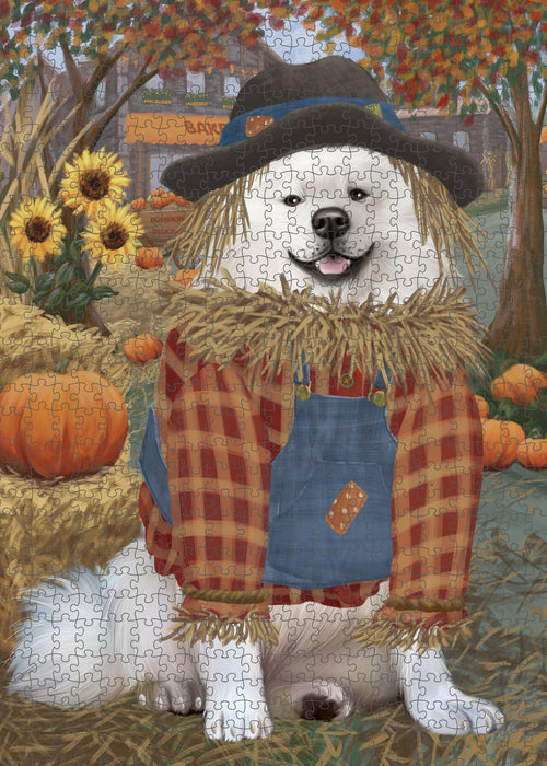 Halloween 'Round Town And Fall Pumpkin Scarecrow Both American Eskimo Dogs Puzzle with Photo Tin PUZL96392