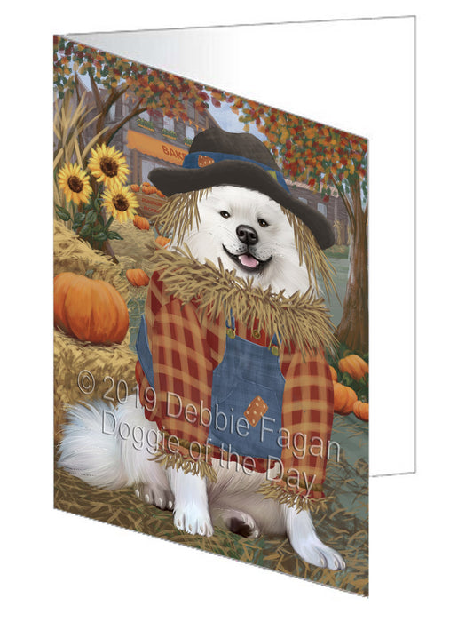 Fall Pumpkin Scarecrow American Eskimo Dog Handmade Artwork Assorted Pets Greeting Cards and Note Cards with Envelopes for All Occasions and Holiday Seasons GCD77909