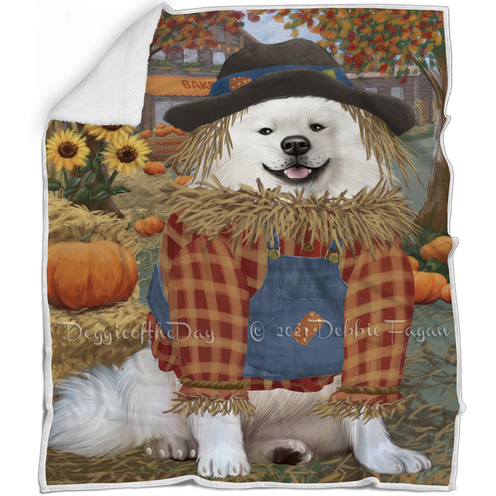 Halloween 'Round Town And Fall Pumpkin Scarecrow Both American Eskimo Dogs Blanket BLNKT139151