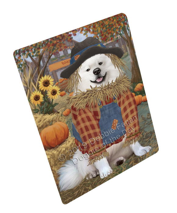 Halloween 'Round Town And Fall Pumpkin Scarecrow Both American Eskimo Dogs Cutting Board C77194