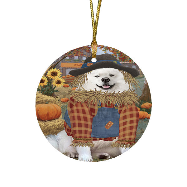 Halloween 'Round Town And Fall Pumpkin Scarecrow Both American Eskimo Dogs Round Flat Christmas Ornament RFPOR57425
