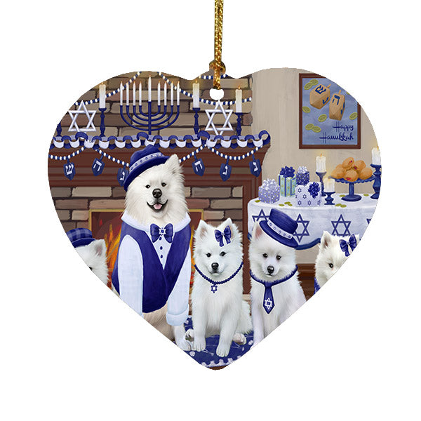 Happy Hanukkah Family American Eskimo Dogs Heart Christmas Ornament HPOR57582