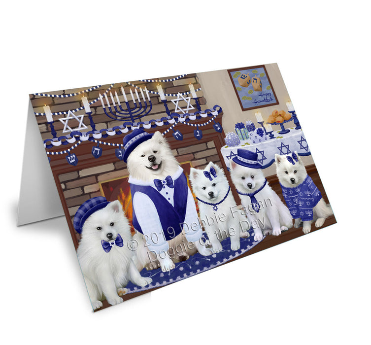 Happy Hanukkah Family American Eskimo Dogs Handmade Artwork Assorted Pets Greeting Cards and Note Cards with Envelopes for All Occasions and Holiday Seasons GCD78092