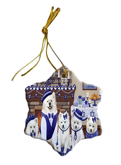 Happy Hanukkah Family American Eskimo Dogs Star Porcelain Ornament SPOR57582