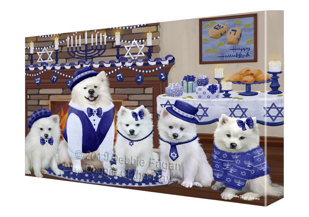 Happy Hanukkah Family and Happy Hanukkah Both American Eskimo Dogs Canvas Print Wall Art Décor CVS140831