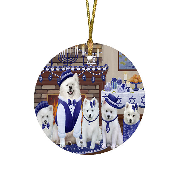 Happy Hanukkah Family and Happy Hanukkah Both American Eskimo Dogs Round Flat Christmas Ornament RFPOR57486
