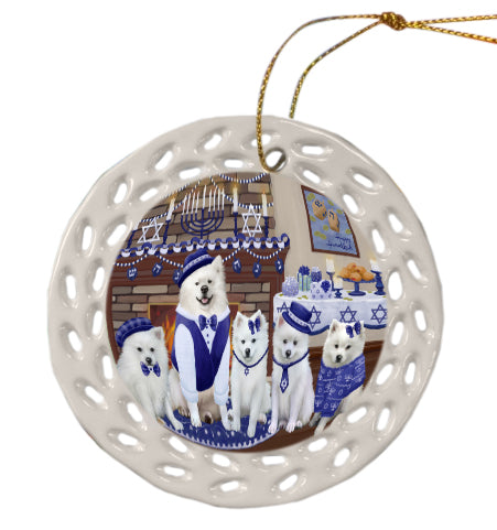 Happy Hanukkah Family American Eskimo Dogs Doily Ornament DPOR57940