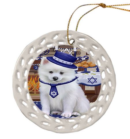 Happy Hanukkah American Eskimo Dog Ceramic Doily Ornament DPOR57638