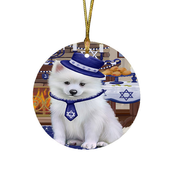 Happy Hanukkah Family and Happy Hanukkah Both American Eskimo Dog Round Flat Christmas Ornament RFPOR57542