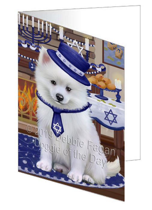 Happy Hanukkah American Eskimo Dog Handmade Artwork Assorted Pets Greeting Cards and Note Cards with Envelopes for All Occasions and Holiday Seasons GCD78260